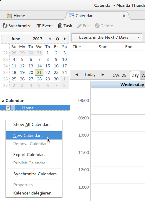 Per Kontextmenü neuen Kalender erstellen